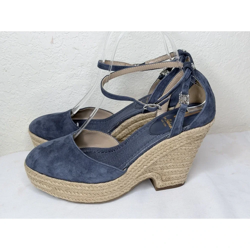 Sam Edelman Espadrille Wedge Sandals Womens Size 7.5 Blue Suede Ankle Strappy